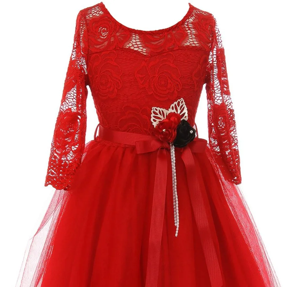 Red SZ 2 Long Sleeve Girls Dress Floral Lace Roses Corsage Christmas Flower Girl